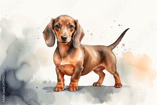 Watercolor Dachshund isolated on white background. Pet portrait with copy space...