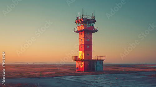 A lighthouse is standing on a beach with a beautiful sunset in the background. Generated by AI