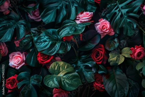 Moody dark black background with neon lit massive dark green leaf and many pink and red roses