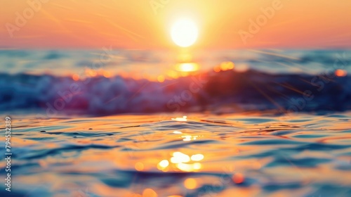 Beautiful closeup sea water surface. Sunset sunrise gold blue colors calm soft waves relaxing horizon. Dream fantasy shallow focus, blur seascape sky. Tranquil peaceful nature pattern
