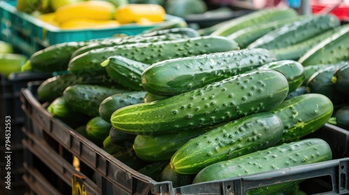 Many fresh green cucumbers are available at the grocery store due to successful vegetable harvest and agricultural production