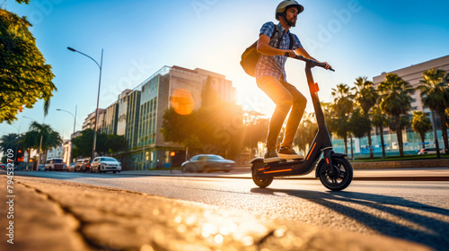 Man commutes on an electric scooter, a sustainable alternative to city traffic, soft morning light on background. Concept of new-age urban transport solutions. Banner. Copy space
