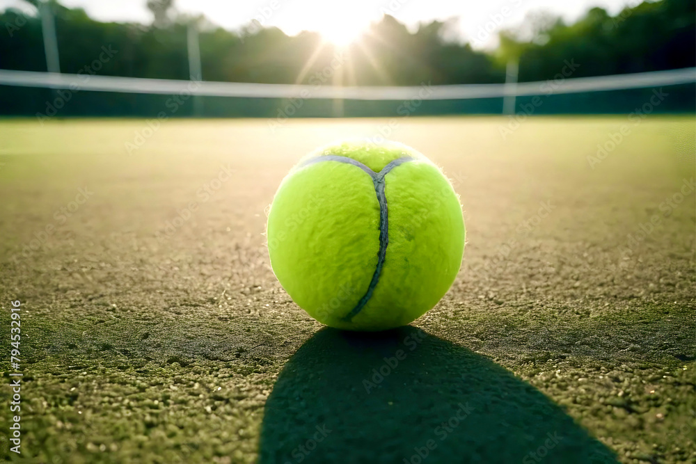A tennis ball rests on the vibrant green grass of a tennis court, ready for a game of tennis with sports equipment