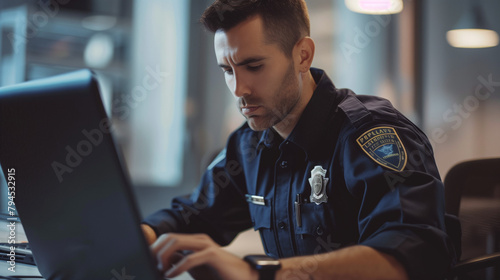 Police officer working on a laptop at the café or big open office 