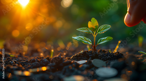 Hand planting money tree seedlings in rich soil background, with green leaves and sunlight. Concept of business growth, investment financial prosperity