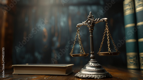moody iron justice scale with books on a table, attorney stuff, the law