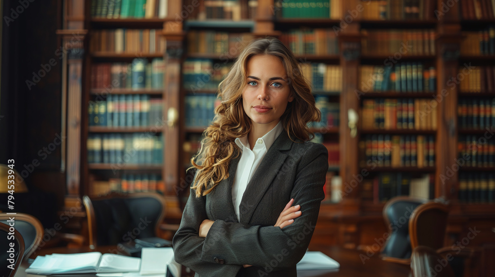 portrait of caucasian female attorney in a law studio, professional lawyer, prestige portrait of caucasian female attorney in a law studio, professional lawyer, prestige