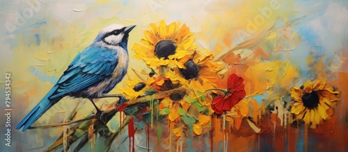 Blue jay perched on branch near sunflowers in painting