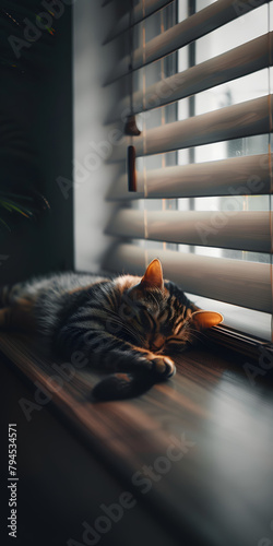 Gato dormindo aconchegado no parapeito da janela photo