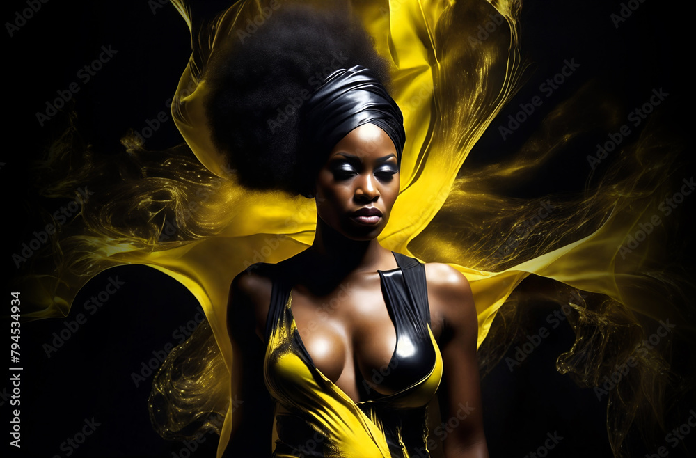 African american model with an afro and yellow dress with deep cleavage poised amidst a backdrop of flowing fluid-like fabric - obrazy, fototapety, plakaty 