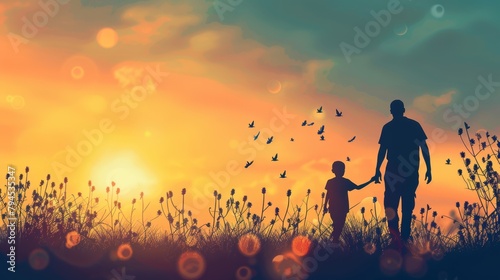 World Father's Day. Silhouette of a person in the sunset, father and son.