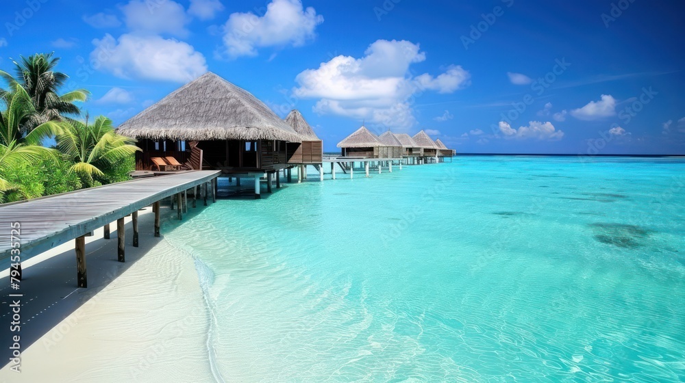 Traditional cottage on a Tropical Beach with a wooden bridge in a sunny setting