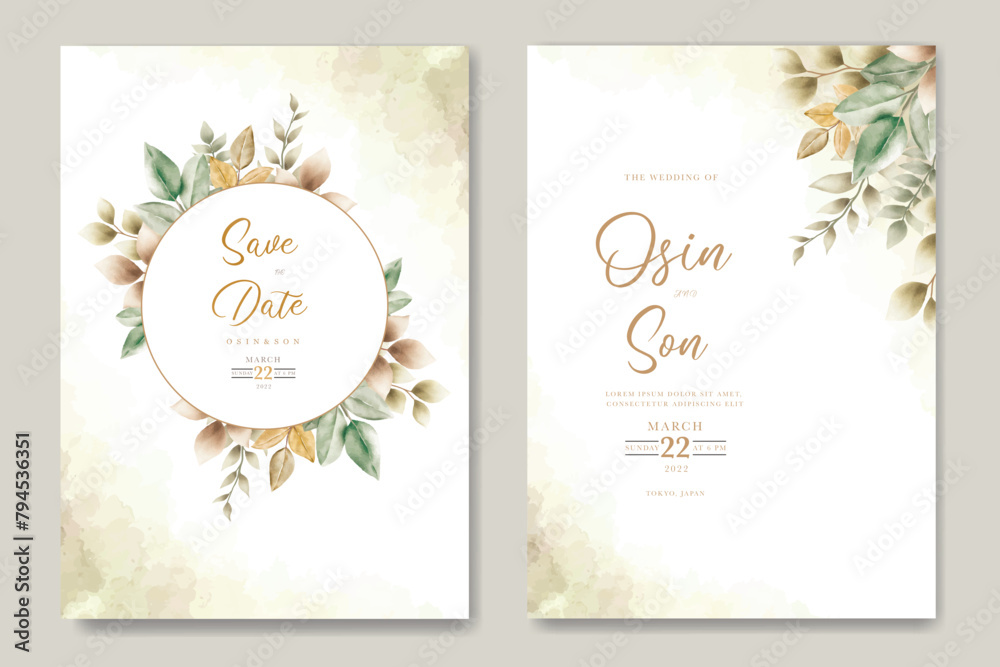 wedding invitation card template set with watercolor leaves decoration