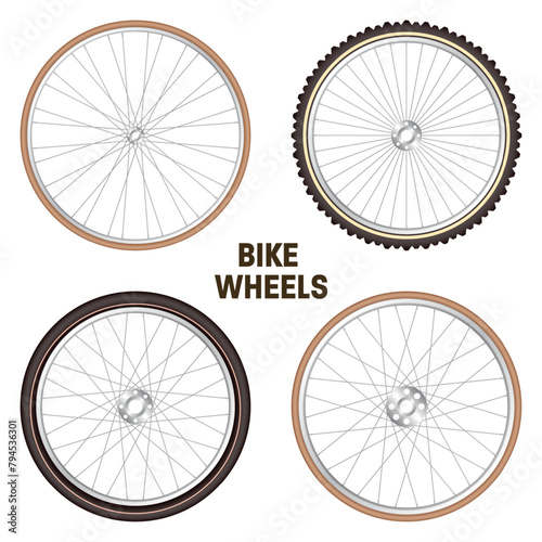 Realistic 3d retro bicycle wheels. Vintage bike rubber tyres, shiny metal spokes and rims. Fitness cycle, touring, sport, road and mountain bike. Vector illustration