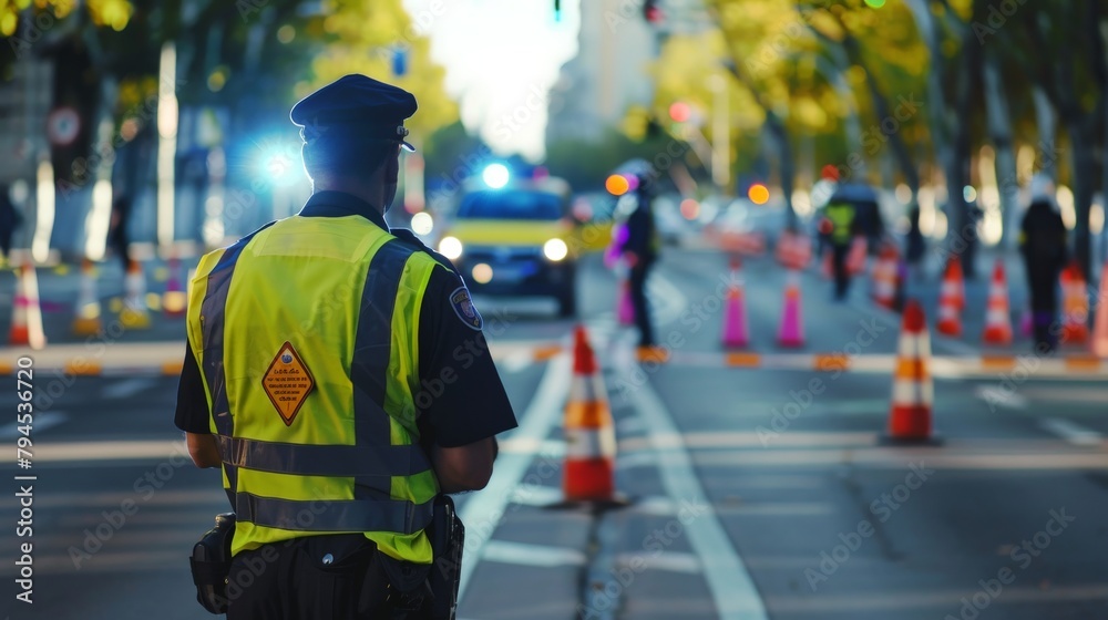 A security personnel directing traffic flow during an event, ensuring orderly movement and crowd control. A security personnel directing traffic flow during an event, ensuring orderly movement and crowd control.