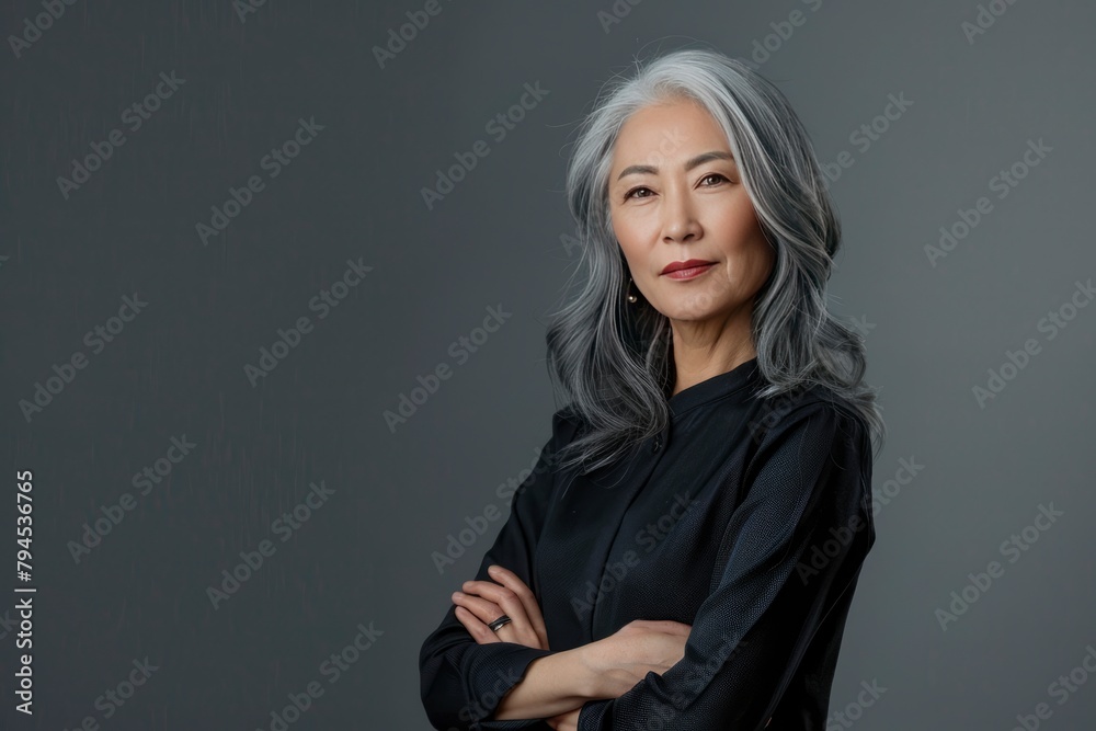 Stylish confident adult 50 years old Asian female psychologist standing arms crossed looking at camera at gray background. Portrait of sophisticated grey hair woman advertising product - generative ai