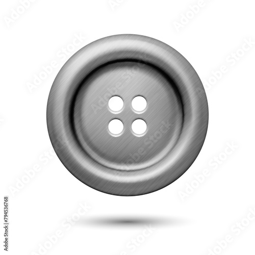 Vector Gray Silver Color Metal Four Hole Clothes Button Closeup, Isolated on White Background. Round Button, Front View