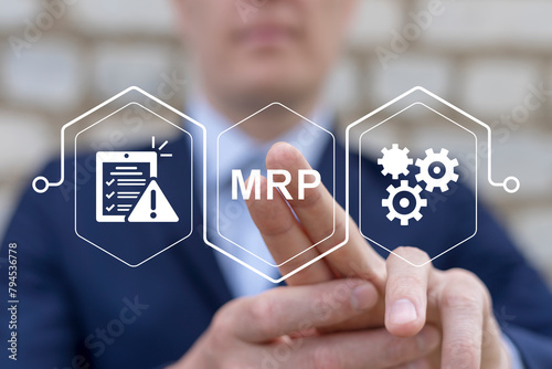 MRP Material Requirement Planning Industry Business Process Automation concept. Stock inventory demand control. Explained resource scheduling network. Supply reserve efficiency development scheme.