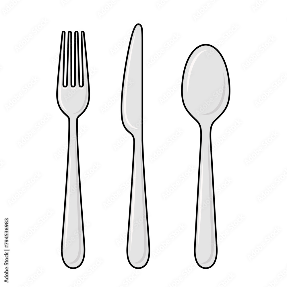 Vector Flat Fork, Knife and Spoon with Outline Icon Set, Cutlery, Isolated Vector Flat Fork, Knife and Spoon with Outline Icon Set, Cutlery, Isolated