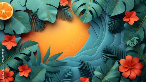 Paper cut 3d summer illustration with sun and bright background with copy space  very detailed and realistic