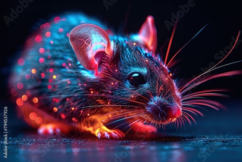 Colorful glowing neon rat, animal pets rodent portrait mammal nature background photo