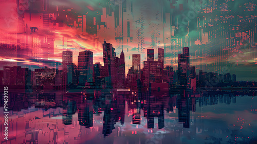 Futuristic cityscape with skyscrapers  beautiful and shining  showing the latest technology of the digital metropolis  very detailed. image for digital abstract background