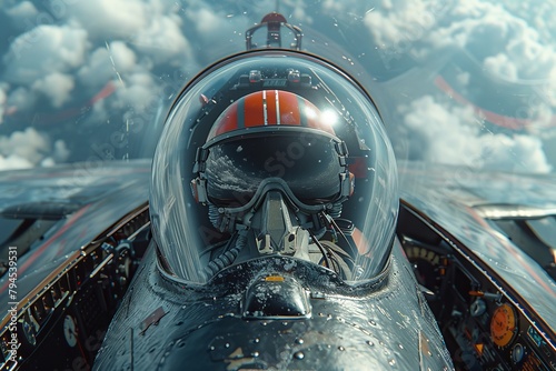 A pilot is seated in the cockpit of a fighter jet, soaring through the sky © Vladimir