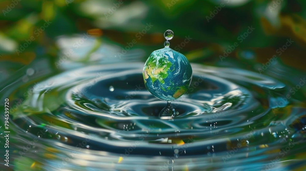 Earth Droplet Closeup, World Water Day Realistic earth drop of water falling, Water drops on a glass surface closeup
