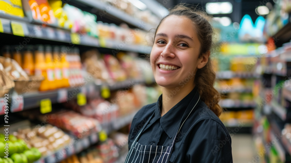 Young hispanic woman shop assistant standing with arms crossed gesture at fruit market