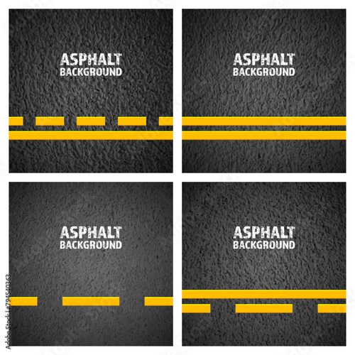 Asphalt road with yellow lane marking, concrete highway surface, texture. Street traffic line, road dividing strip. Pattern with grainy structure, grunge stone background. Vector illustration