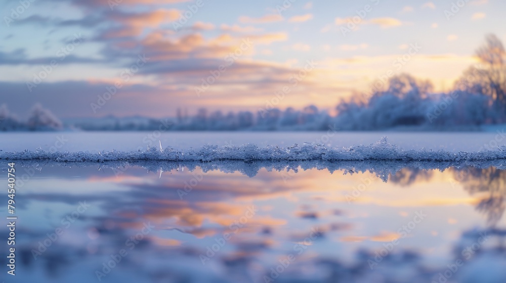 Defocused Thick layers of ice on the ground reflect the muted colors of the winter sky creating a serene and tranquil atmosphere. .