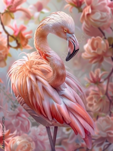 A flamingo stands in front of a pink background with flowers