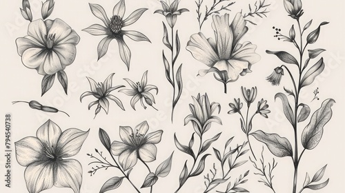 Floral set Collection with flowers hand drawn Design for invit photo