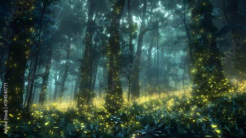 A digital forest with glowing trees, representing harmony between nature and technology in the digital era. image for abstract digital background