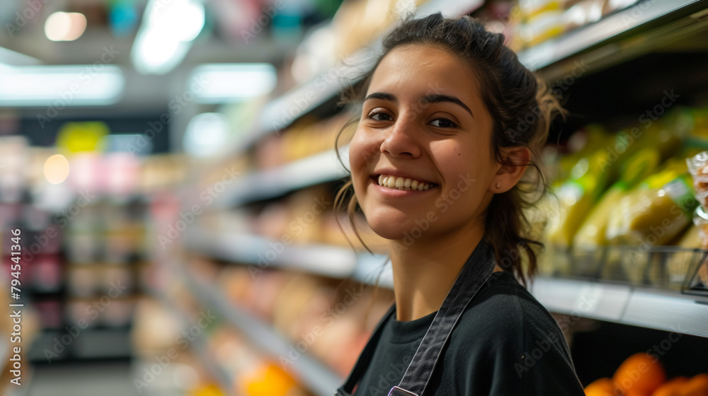 Smiling young female supermarket worker looking at the camera