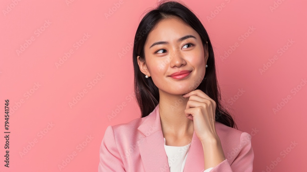 Sophisticated Asian woman on a uniform pink background, smiling subtly, hand on chin, reflecting contemplation and elegance, styled as minimalist chic. Sophisticated Asian woman on a uniform pink background, smiling subtly, hand on chin, reflecting contemplation and elegance, styled as minimalist chic.