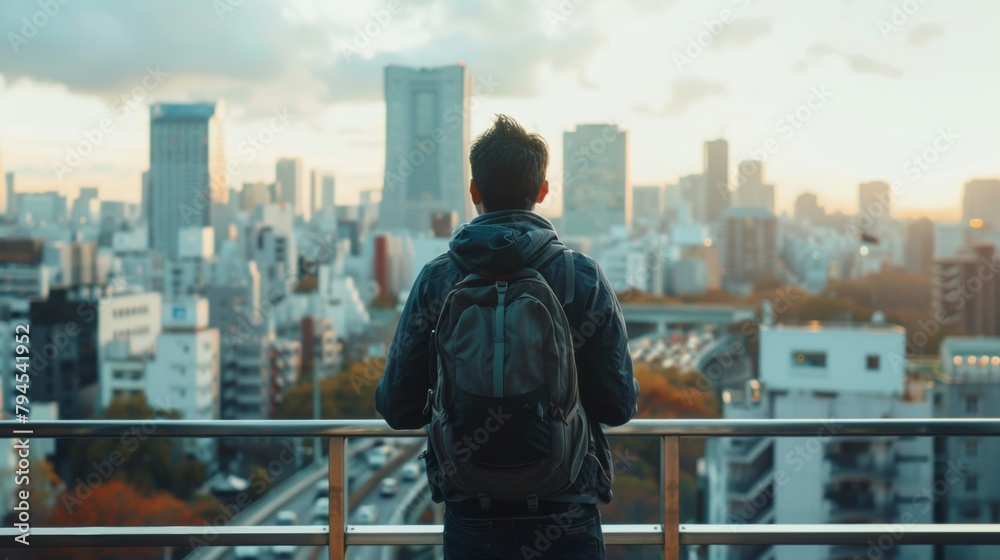 A man standing on a balcony gazing out at a bustling metropolis below back to the camera as takes in the aweinspiring sights. . .