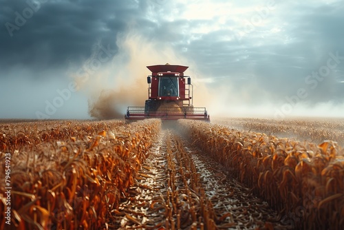 A combine harvester is harvesting corn in the grassland