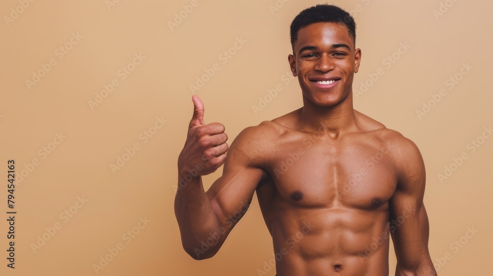 Sporty Vibe: Athletic African American Gen Z male in sportswear, giving a thumbs up on a beige background. Shows enthusiasm and a healthy lifestyle, styled as a vibrant sports portrait. Sporty Vibe: Athletic African American Gen Z male in sportswear, giving a thumbs up on a beige background. Shows enthusiasm and a healthy lifestyle, styled as a vibrant sports portrait.