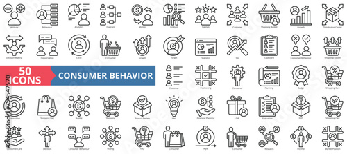 Consumer behavior icon collection set. Containing attitude, analytics, diagram, money, analysis, ratings, customer icon. Simple line vector.