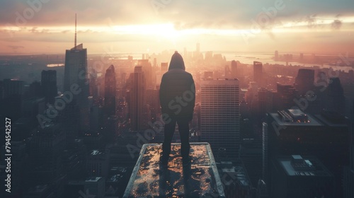 A figure in silhouette stands atop a building overlooking the sprawling city below ready to take on whatever obstacles come . . photo