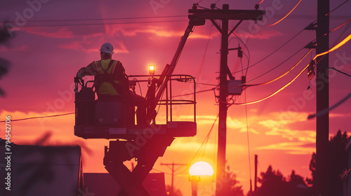 A Lineman In A Bucket of Truck With Sunset In The Background