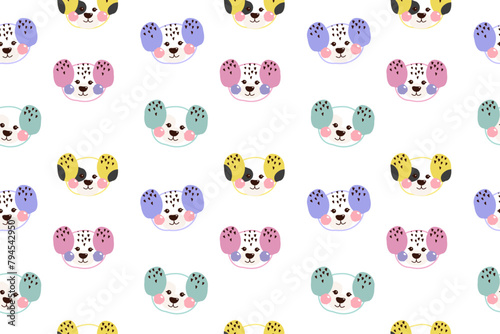 Seamless pattern with doodle kawaii cute outline face, head of dog for children. Vector dogs flat handwritten illustration for baby, kids for fabrics, children's clothing, blankets, pillows, rugs