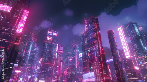 Futuristic cityscape with skyscrapers, beautiful and shining, showing the latest technology of the digital metropolis, very detailed. image for digital abstract background © MyBackground