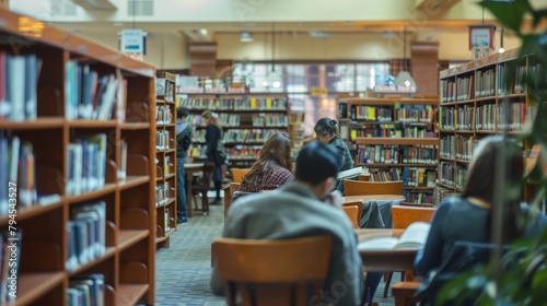 Amidst the hustle and bustle of the library the Bibliophiles Zone offers a tranquil escape. The background is defocused adding a touch of calm and leisure to the image as patrons browse . photo