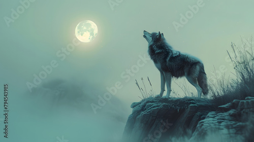 A wolf stood alone on a cliff, howling, with the moon behind him. very detailed and realistic.