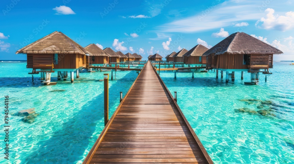 Traditional cottage on a Tropical Beach with a wooden bridge in a sunny setting