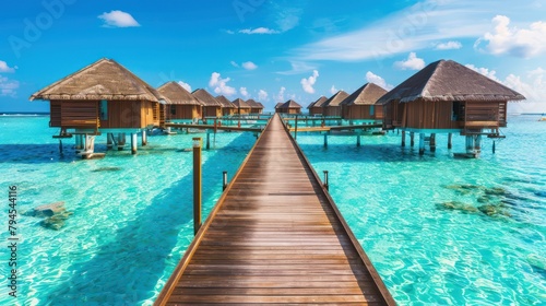 Traditional cottage on a Tropical Beach with a wooden bridge in a sunny setting