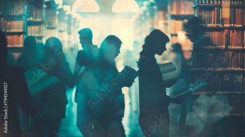 A hazy image of a crowd of people gathered in a dimlylit library each holding a different classic novel in their hands. In the blurred background subtle silhouettes of famous authors . photo