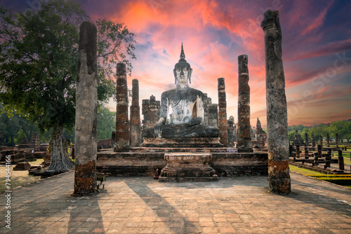 Beautiful landscape of Wat Mahathat in Sukhothai Historical Park, Thailand